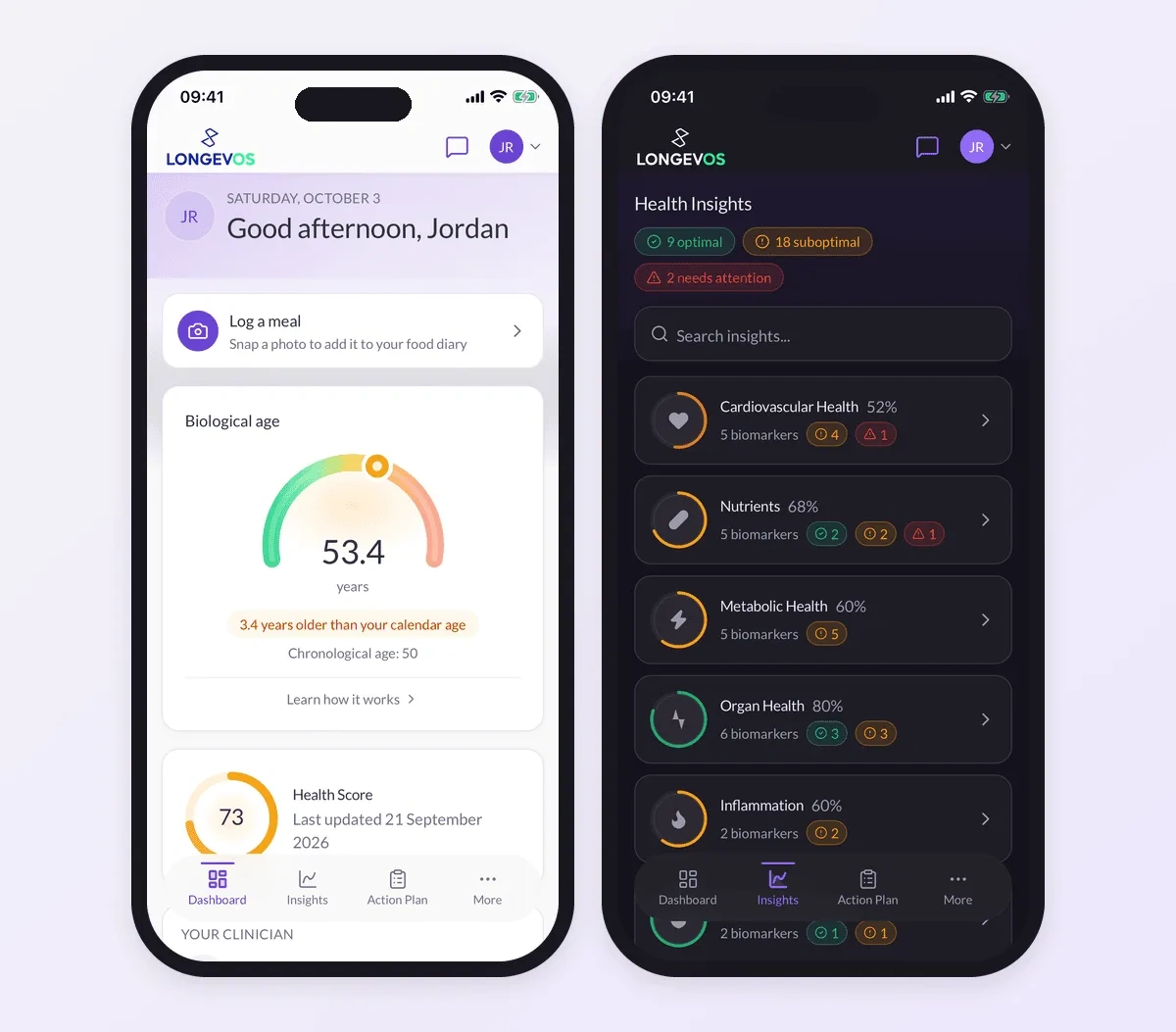 The LongevOS client app on a phone, in light and dark mode