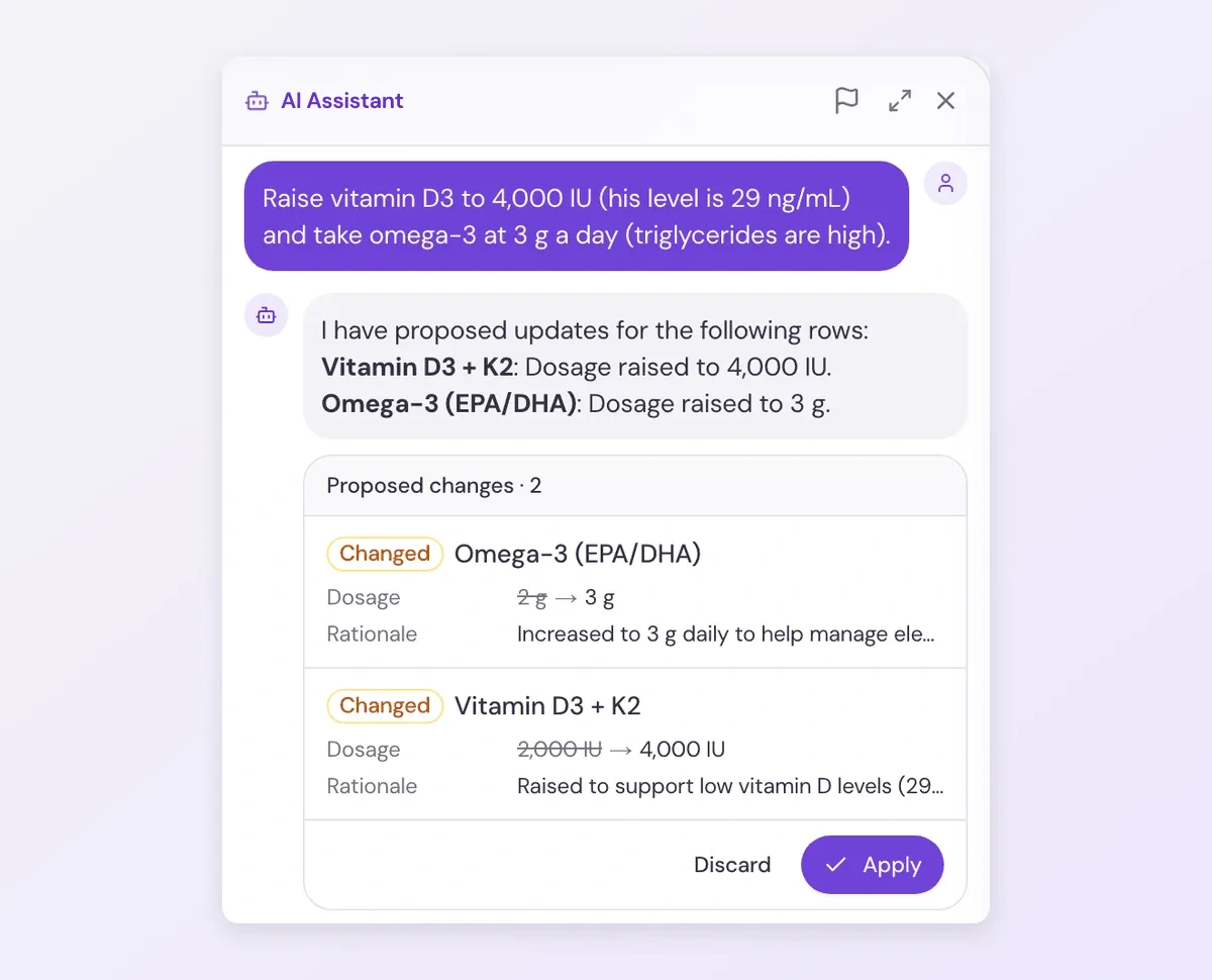 The Prescriptions assistant showing two proposed supplement changes on one review card with an Apply button