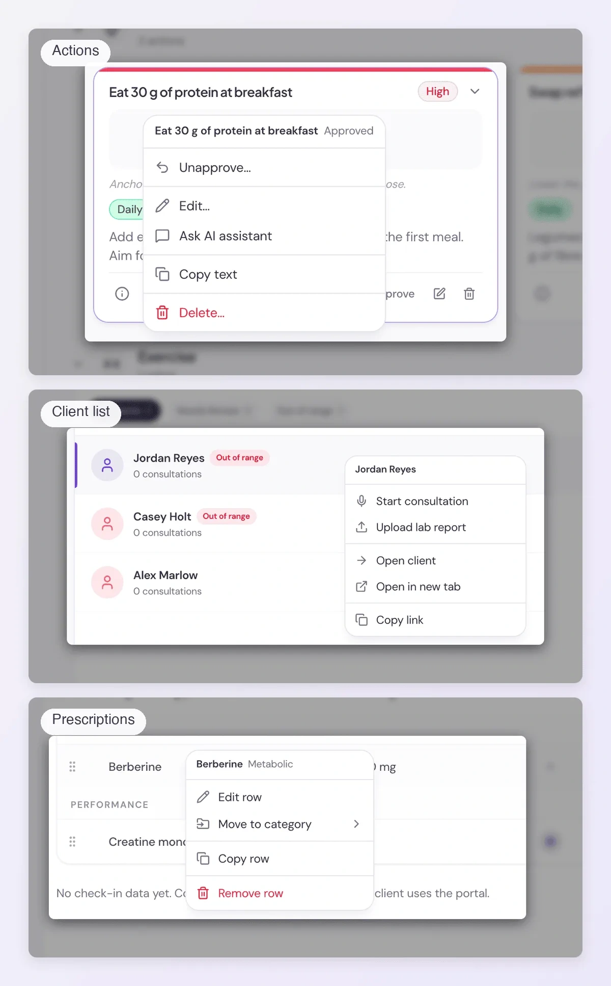 Right-click menus on an action in the Actions tab, a client in the client list and a supplement in the Prescriptions tab