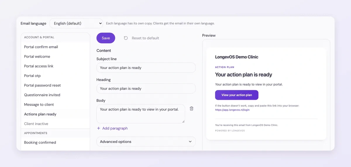 The email editor with a live preview of the email beside it