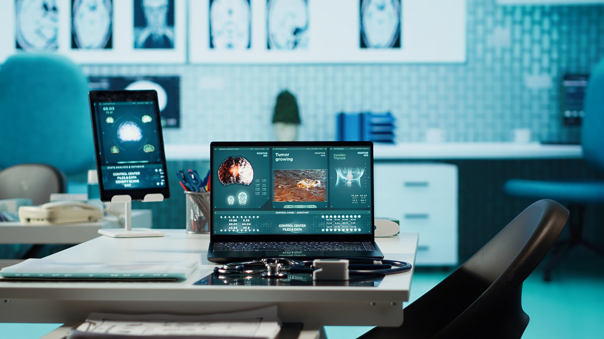 AI-driven diagnostic dashboard in a longevity clinic workspace showing imaging and biomarker analysis